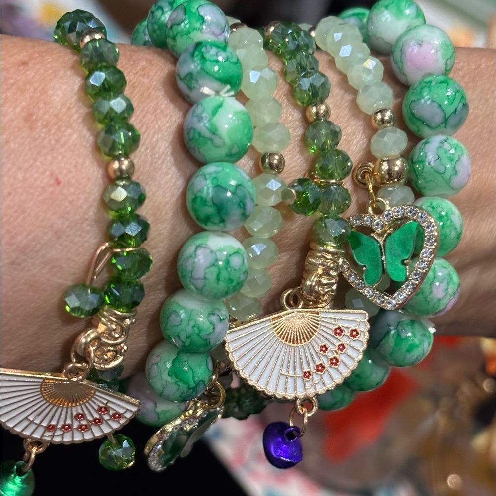 Springtime Green Glass Beaded Bracelet Set with Fan & Butterfly Charms 4pc Set